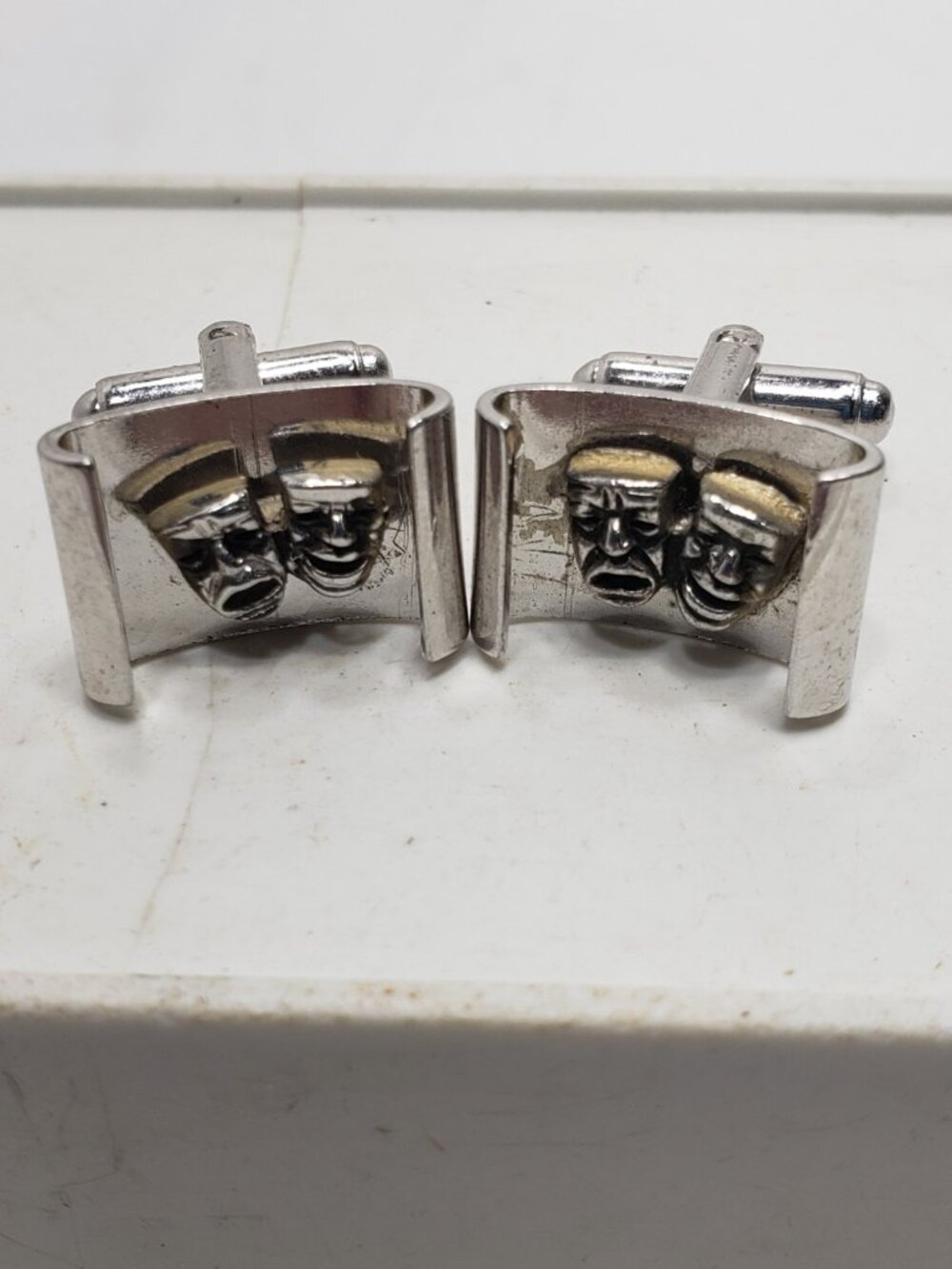 Vintage Comedy Tragedy Theater Mask Cufflinks Silver Tone Mens Formal Set